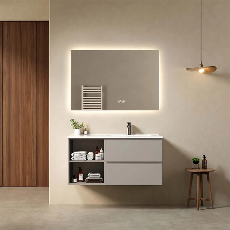 Mobile bagno sospeso 100 cm Grigio Cenere Lavabo a Destra in Ceramica Specchio Quadro Retroilluminato - Fiji Paint Plus