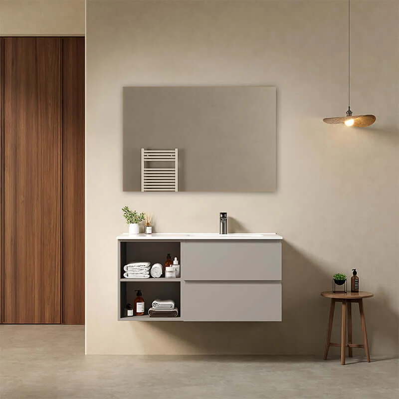 Mobile bagno sospeso 100 cm Grigio Cenere Lavabo a Destra in Ceramica Specchio Quadro - Fiji Paint Plus