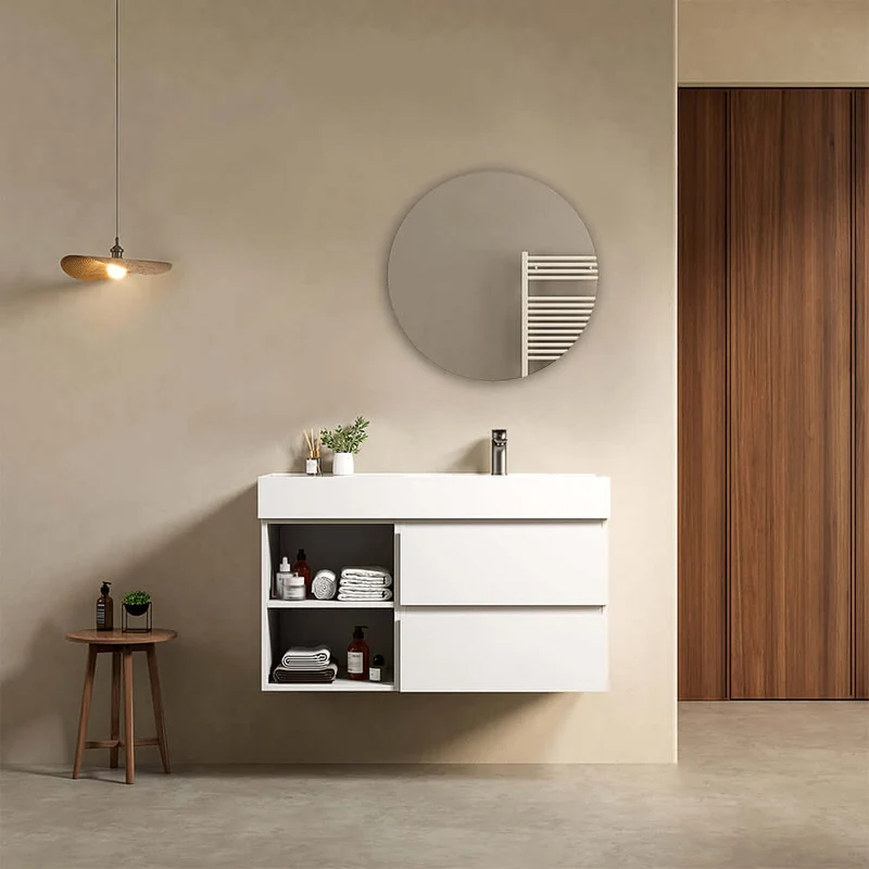 Mobile bagno sospeso 100 cm Bianco Opaco Lavabo a Destra in Resina Specchio Tondo - Fiji Paint Plus