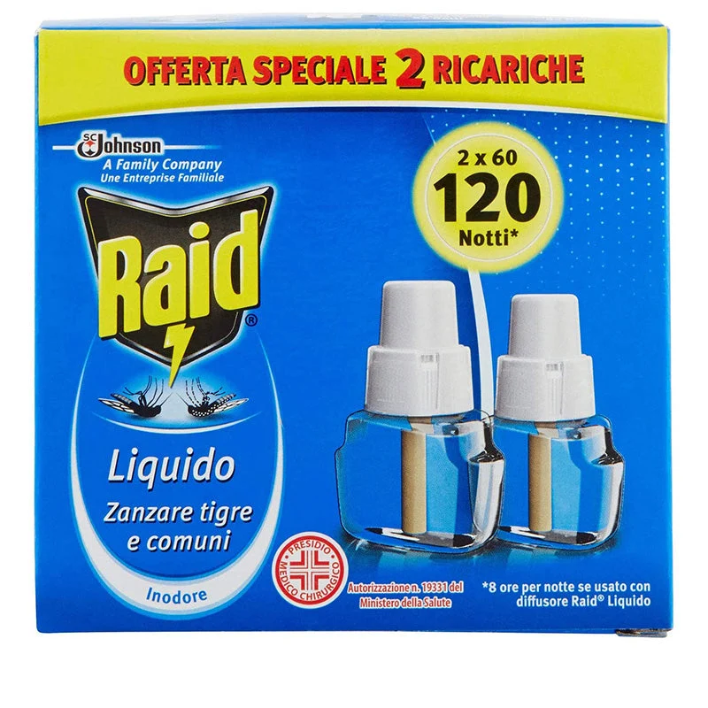 Raid 60 Notti Ricarica Liquida 36 ml — Insetticida · Cartone da 12 pezzi
