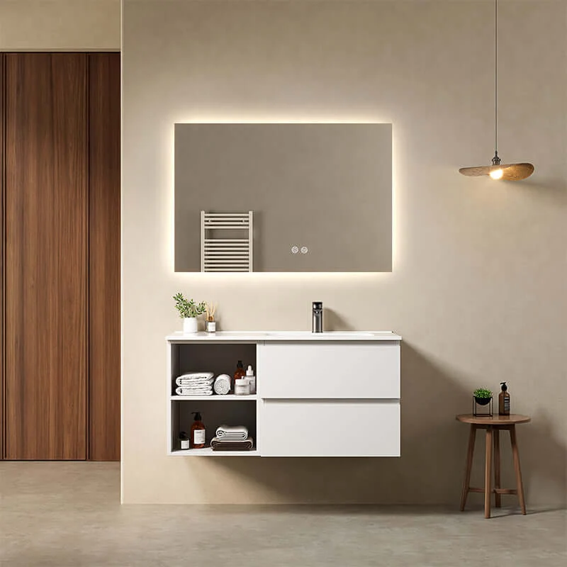 Mobile bagno sospeso 100 cm Bianco Opaco Lavabo a Destra in Ceramica Specchio Quadro Retroilluminato - Fiji Paint Plus