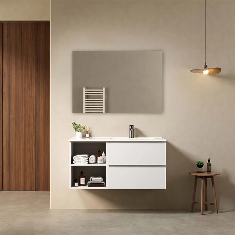 Mobile bagno sospeso 100 cm Bianco Opaco Lavabo a Destra in Ceramica Specchio Quadro - Fiji Paint Plus