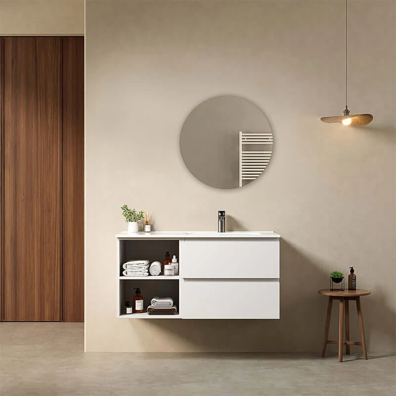 Mobile bagno sospeso 100 cm Bianco Opaco Lavabo a Destra in Ceramica Specchio Tondo - Fiji Paint Plus
