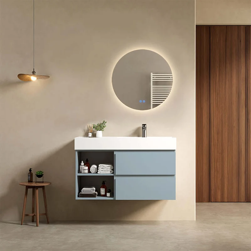 Mobile bagno sospeso 100 cm Blu Avio Lavabo a Destra in Resina Specchio Tondo Retroilluminato - Fiji Paint Plus