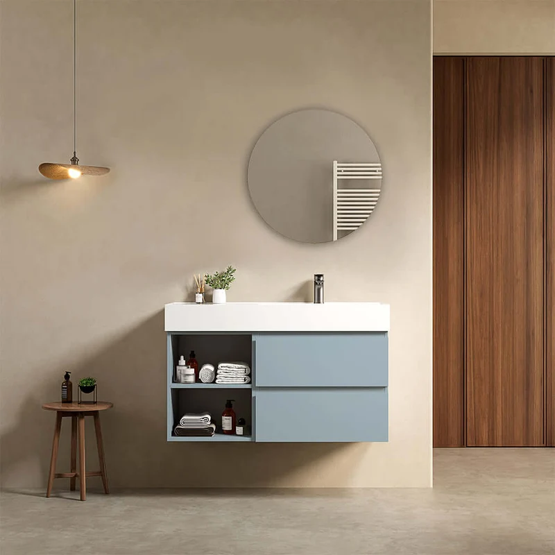 Mobile bagno sospeso 100 cm Blu Avio Lavabo a Destra in Resina Specchio Tondo - Fiji Paint Plus