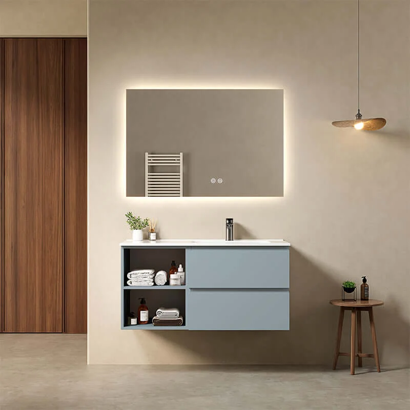 Mobile bagno sospeso 100 cm Blu Avio Lavabo a Destra in Ceramica Specchio Quadro Retroilluminato - Fiji Paint Plus