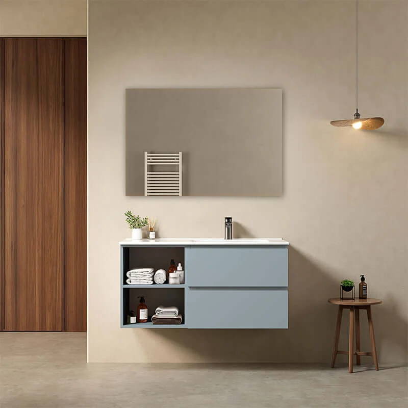 Mobile bagno sospeso 100 cm Blu Avio Lavabo a Destra in Ceramica Specchio Quadro - Fiji Paint Plus