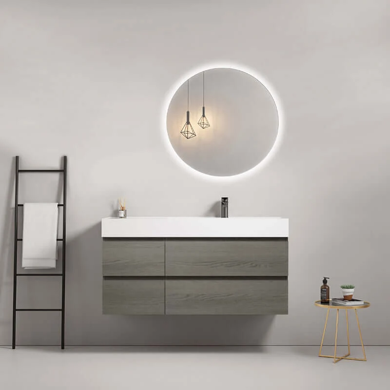 Mobile bagno sospeso 120 cm Grey Lavabo a Destra in Resina Specchio Tondo Retroilluminato - Fiji Wood