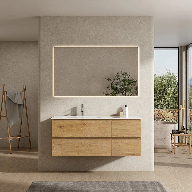 Mobile bagno sospeso 120 cm Bruno Medio Lavabo a Sinistra in Ceramica Specchio Quadro Retroilluminato - Fiji Wood
