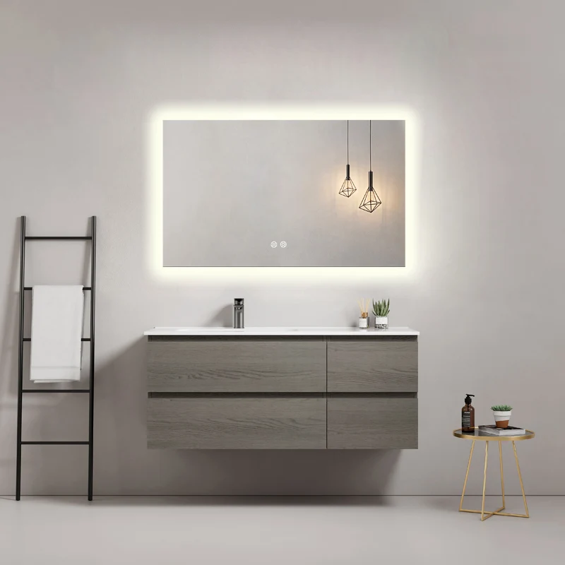 Mobile bagno sospeso 120 cm Grey Lavabo a Sinistra in Ceramica Specchio Quadro Retroilluminato - Fiji Wood