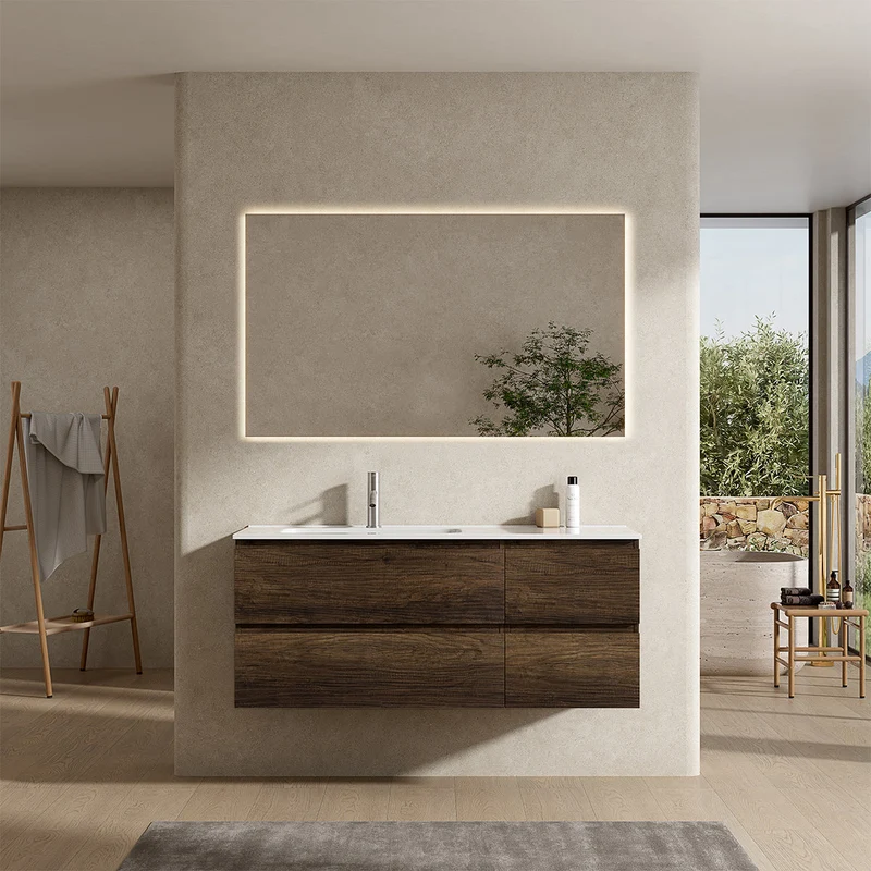 Mobile bagno sospeso 120 cm Bruno Scuro Lavabo a Sinistra in Ceramica Specchio Quadro Retroilluminato - Fiji Wood
