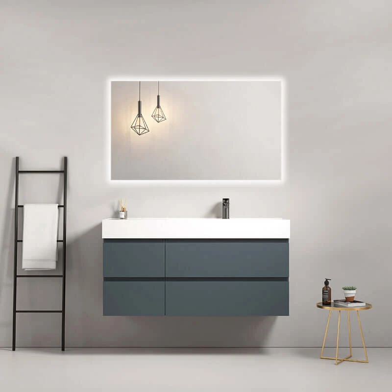 Mobile bagno sospeso 120 cm Blu Mare Lavabo a Destra in Resina Specchio Quadro Retroilluminato - Fiji Paint