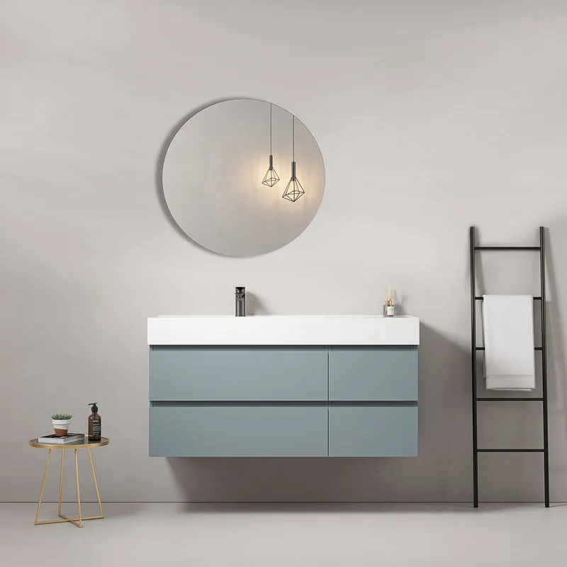 Mobile bagno sospeso 120 cm Blu Avio Lavabo a Sinistra in Resina Specchio Tondo - Fiji Paint
