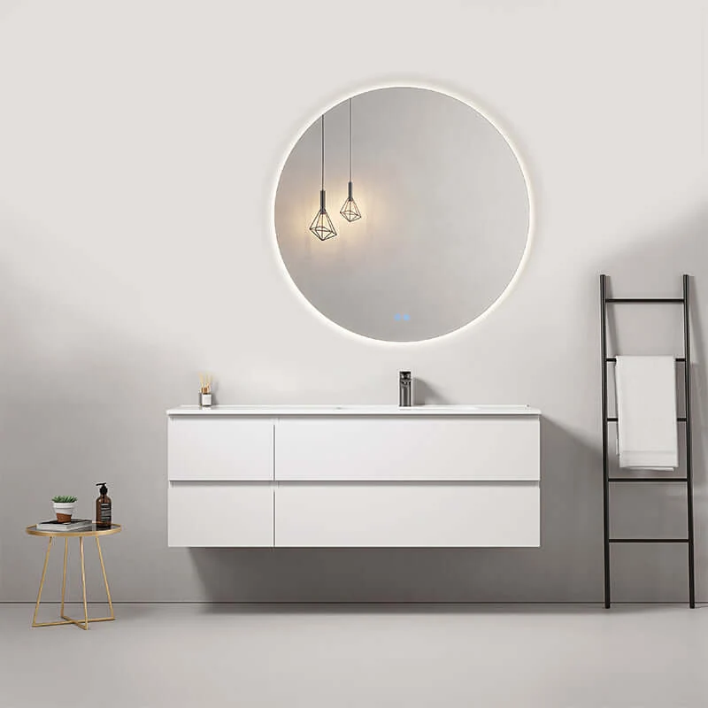 Mobile bagno sospeso 140 cm Bianco Lavabo a Destra in Resina Specchio Tondo Retroilluminato - Fiji Paint