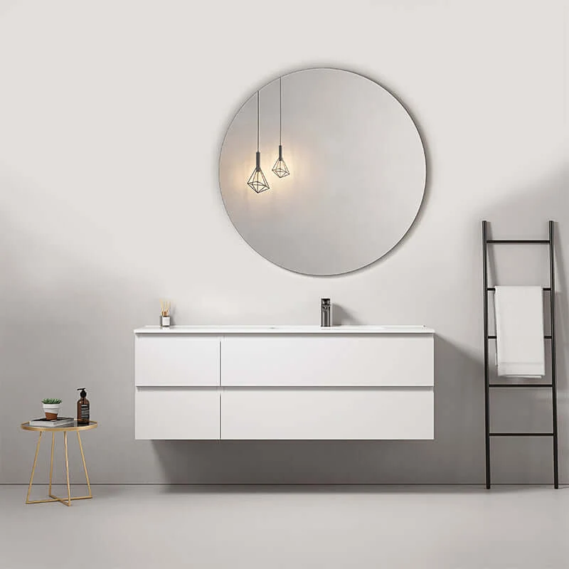 Mobile bagno sospeso 140 cm Bianco Lavabo a Destra in Resina Specchio Tondo - Fiji Paint