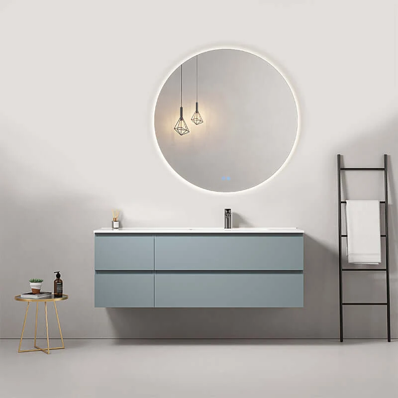 Mobile bagno sospeso 140 cm Blu Avio Lavabo a Destra in Resina Specchio Tondo Retroilluminato - Fiji Paint
