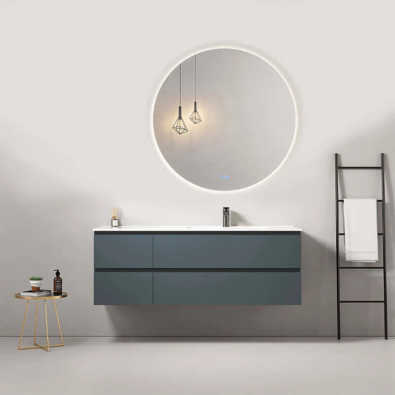 Mobile bagno sospeso 140 cm Blu Mare Lavabo a Destra in Resina Specchio Tondo Retroilluminato - Fiji Paint