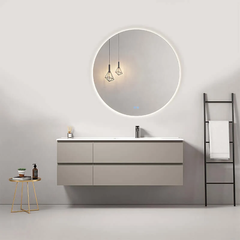 Mobile bagno sospeso 140 cm Grigio Cenere Lavabo a Destra in Resina Specchio Tondo Retroilluminato - Fiji Paint