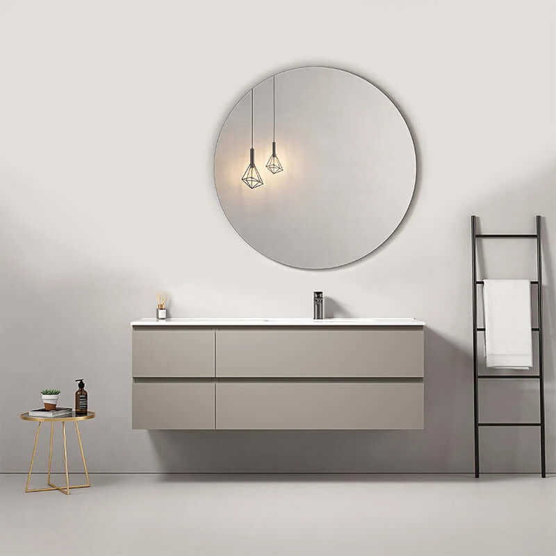 Mobile bagno sospeso 140 cm Grigio Cenere Lavabo a Destra in Resina Specchio Tondo - Fiji Paint