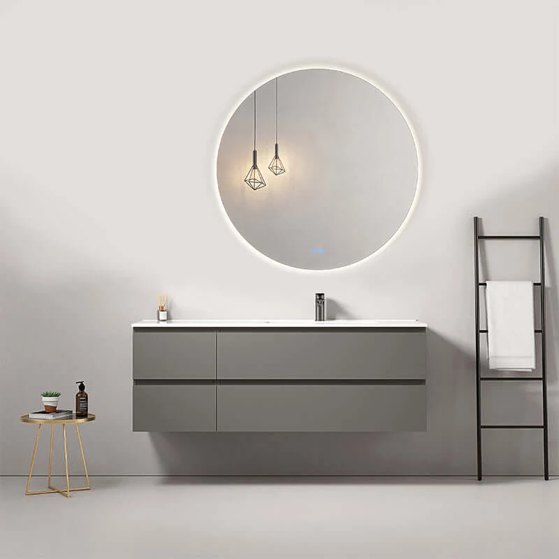 Mobile bagno sospeso 140 cm Grigio Londra Lavabo a Destra in Resina Specchio Tondo Retroilluminato - Fiji Paint