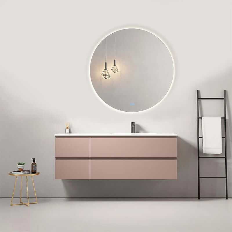 Mobile bagno sospeso 140 cm Rosa Retro Lavabo a Destra in Resina Specchio Tondo Retroilluminato - Fiji Paint