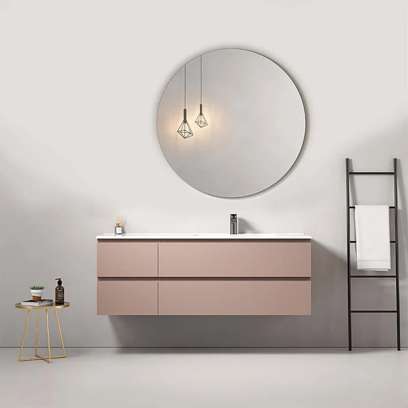 Mobile bagno sospeso 140 cm Rosa Retro Lavabo a Destra in Resina Specchio Tondo - Fiji Paint