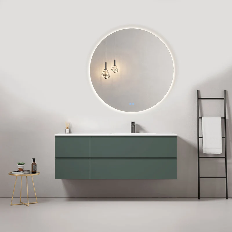 Mobile bagno sospeso 140 cm Verde Comodoro Lavabo a Destra in Resina Specchio Tondo Retroilluminato - Fiji Paint
