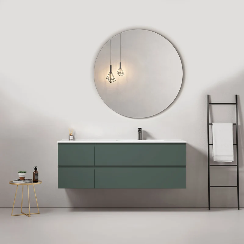 Mobile bagno sospeso 140 cm Verde Comodoro Lavabo a Destra in Resina Specchio Tondo - Fiji Paint