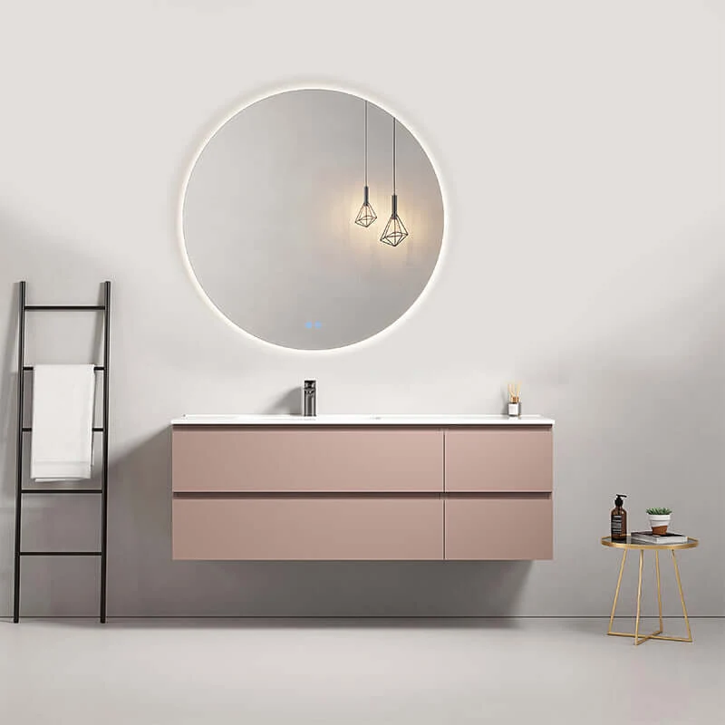 Mobile bagno sospeso 140 cm Rosa Retro Lavabo a Sinistra in Resina Specchio Tondo Retroilluminato - Fiji Paint
