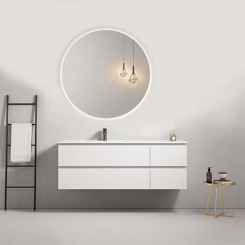 Mobile bagno sospeso 140 cm Bianco Lavabo a Sinistra in Resina Specchio Tondo Retroilluminato - Fiji Paint