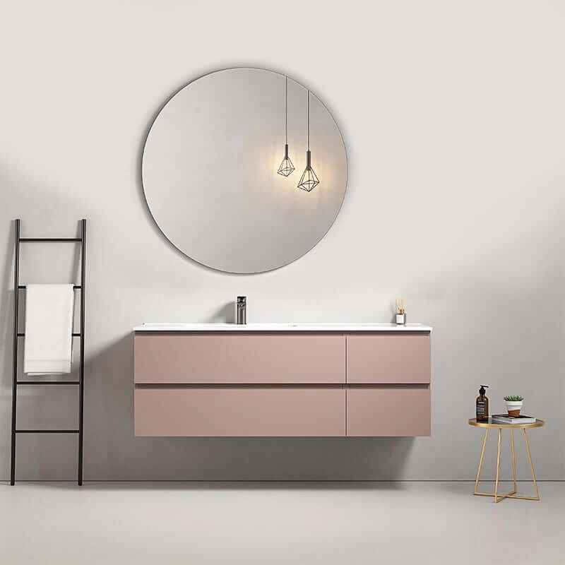 Mobile bagno sospeso 140 cm Rosa Retro Lavabo a Sinistra in Resina Specchio Tondo - Fiji Paint
