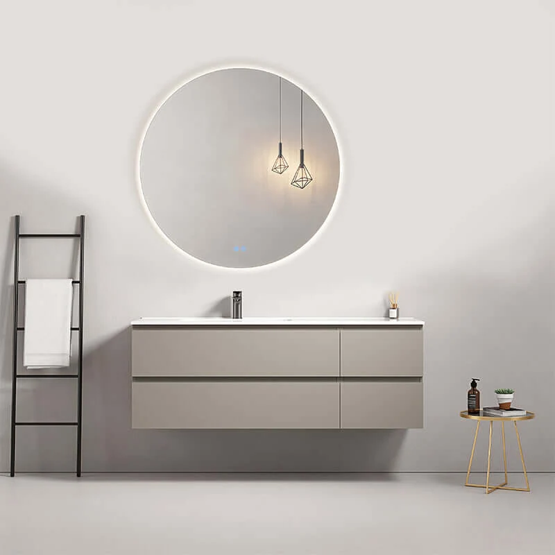 Mobile bagno sospeso 140 cm Grigio Cenere Lavabo a Sinistra in Resina Specchio Tondo Retroilluminato - Fiji Paint