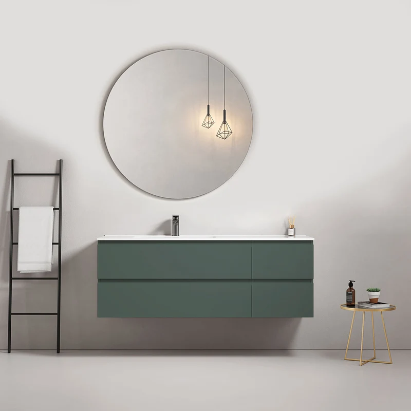 Mobile bagno sospeso 140 cm Verde Comodoro Lavabo a Sinistra in Resina Specchio Tondo - Fiji Paint