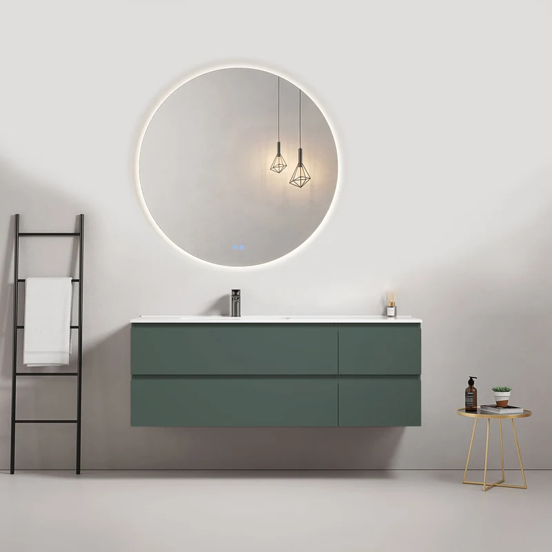 Mobile bagno sospeso 140 cm Verde Comodoro Lavabo a Sinistra in Resina Specchio Tondo Retroilluminato - Fiji Paint