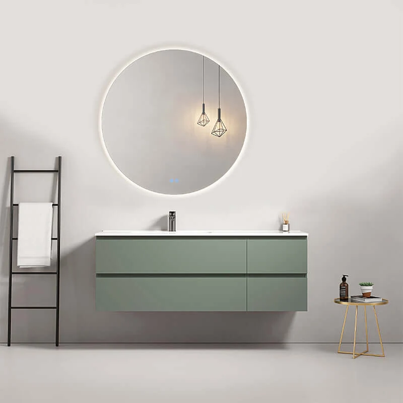 Mobile bagno sospeso 140 cm Verde Salvia Lavabo a Sinistra in Resina Specchio Tondo Retroilluminato - Fiji Paint