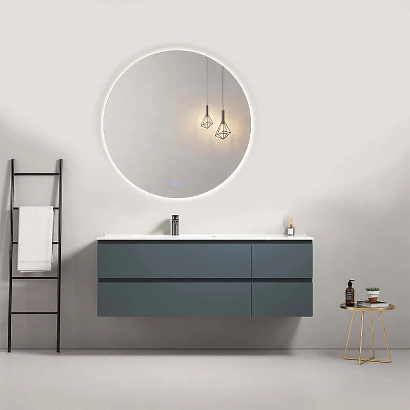 Mobile bagno sospeso 140 cm Blu Mare Lavabo a Sinistra in Resina Specchio Tondo Retroilluminato - Fiji Paint