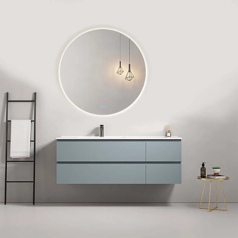 Mobile bagno sospeso 140 cm Blu Avio Lavabo a Sinistra in Resina Specchio Tondo Retroilluminato - Fiji Paint