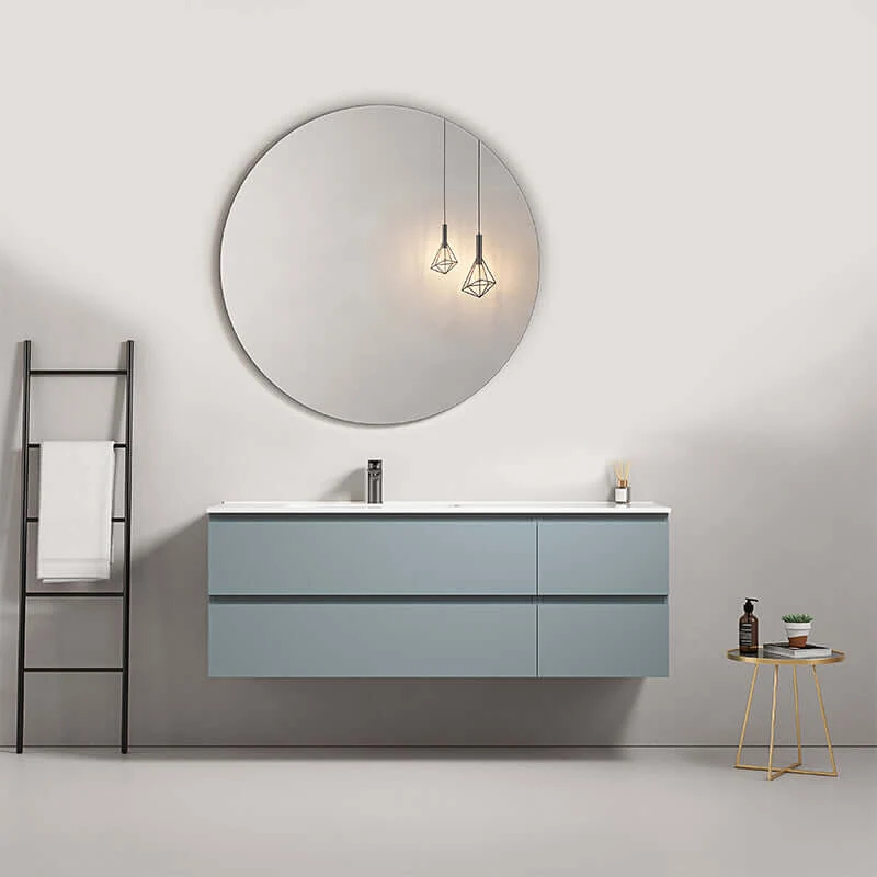 Mobile bagno sospeso 140 cm Blu Avio Lavabo a Sinistra in Resina Specchio Tondo - Fiji Paint