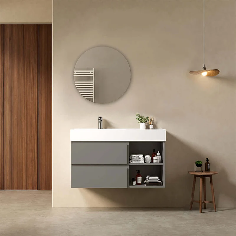 Mobile bagno sospeso 100 cm Grigio Londra Lavabo a Sinistra in Resina Specchio Tondo - Fiji Paint Plus