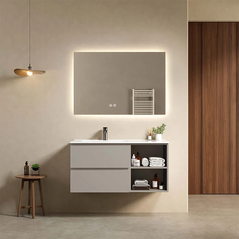 Mobile bagno sospeso 100 cm Grigio Cenere Lavabo a Sinistra in Ceramica Specchio Quadro Retroilluminato - Fiji Paint Plus
