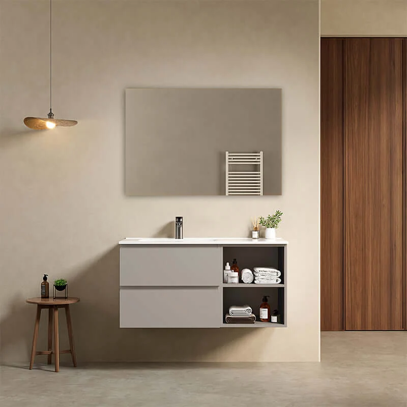 Mobile bagno sospeso 100 cm Grigio Cenere Lavabo a Sinistra in Ceramica Specchio Quadro - Fiji Paint Plus