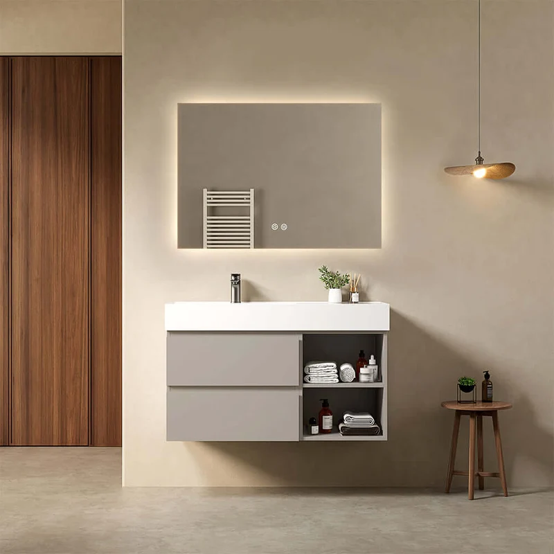 Mobile bagno sospeso 100 cm Grigio Cenere Lavabo a Sinistra in Resina Specchio Quadro Retroilluminato - Fiji Paint Plus