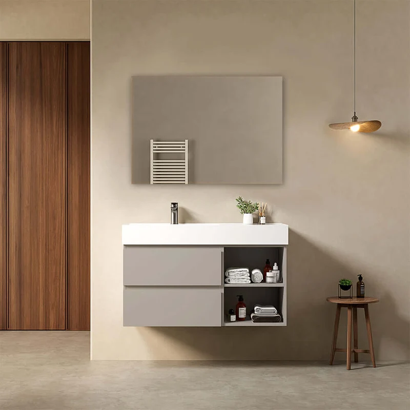 Mobile bagno sospeso 100 cm Grigio Cenere Lavabo a Sinistra in Resina Specchio Quadro - Fiji Paint Plus