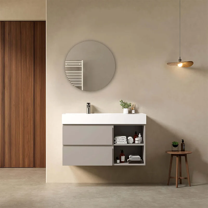 Mobile bagno sospeso 100 cm Grigio Cenere Lavabo a Sinistra in Resina Specchio Tondo - Fiji Paint Plus