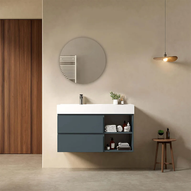 Mobile bagno sospeso 100 cm Blu Mare Lavabo a Sinistra in Resina Specchio Tondo - Fiji Paint Plus