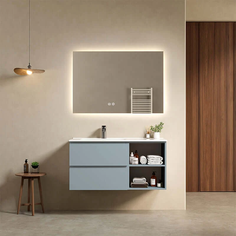 Mobile bagno sospeso 100 cm Blu Avio Lavabo a Sinistra in Ceramica Specchio Quadro Retroilluminato - Fiji Paint Plus
