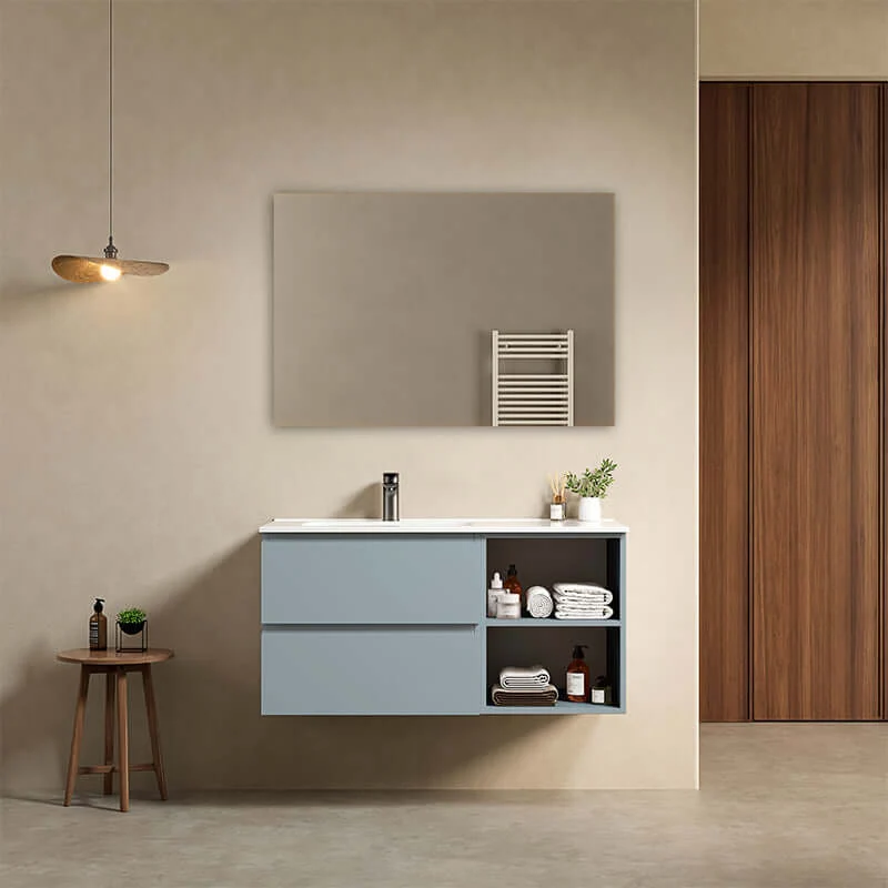 Mobile bagno sospeso 100 cm Blu Avio Lavabo a Sinistra in Ceramica Specchio Quadro - Fiji Paint Plus