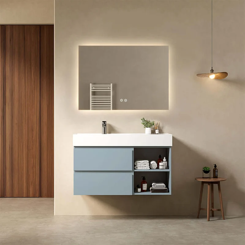 Mobile bagno sospeso 100 cm Blu Avio Lavabo a Sinistra in Resina Specchio Quadro Retroilluminato - Fiji Paint Plus