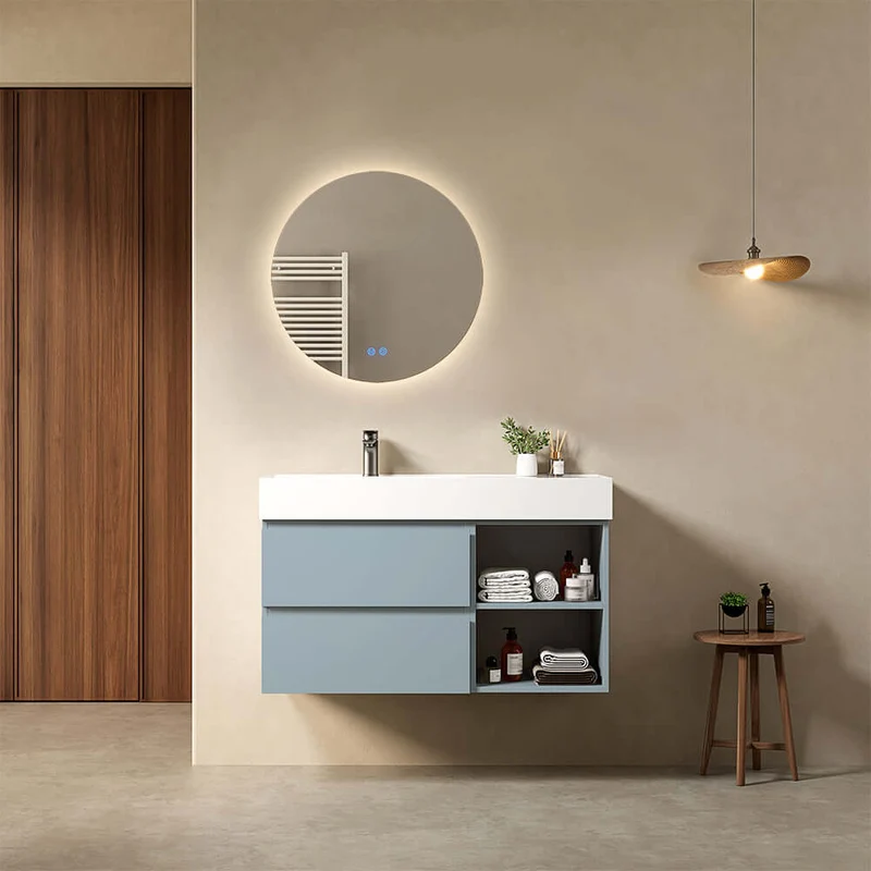 Mobile bagno sospeso 100 cm Blu Avio Lavabo a Sinistra in Resina Specchio Tondo Retroilluminato - Fiji Paint Plus