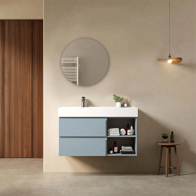 Mobile bagno sospeso 100 cm Blu Avio Lavabo a Sinistra in Resina Specchio Tondo - Fiji Paint Plus